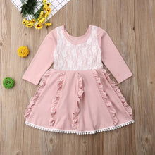 Load image into Gallery viewer, BABY ONE BABY TWO Toddler and Little Girl Pretty in Pink Long Sleeve Ruffle Dress.