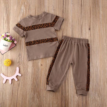 Load image into Gallery viewer, BABY ONE BABY TWO Toddler Girl Leopard Striped 2-Piece T-shirt and Jogger set.