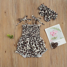 Load image into Gallery viewer, BABY ONE BABY TWO Baby and Toddler Girl Spaghetti-Strap Romper with Matching Headband.