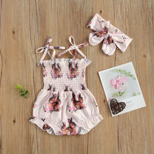 Load image into Gallery viewer, BABY ONE BABY TWO Baby and Toddler Girl Spaghetti-Strap Romper with Matching Headband.
