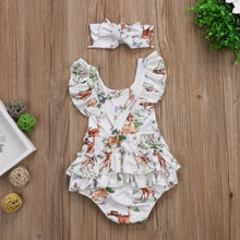 Load image into Gallery viewer, 2-piece Baby Woodland Animals Romper with Headband.