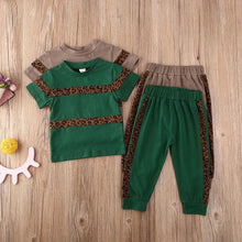 Load image into Gallery viewer, BABY ONE BABY TWO Toddler Girl Leopard Striped 2-Piece T-shirt and Jogger set.