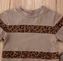 Load image into Gallery viewer, BABY ONE BABY TWO Toddler Girl Leopard Striped 2-Piece T-shirt and Jogger set.