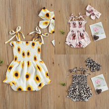 Load image into Gallery viewer, BABY ONE BABY TWO Baby and Toddler Girl Spaghetti-Strap Romper with Matching Headband.