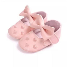 Load image into Gallery viewer, BABY ONE BABY TWO Baby Girl Little Romance Heart and Bow Crib Shoes.