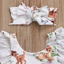 Load image into Gallery viewer, 2-piece Baby Woodland Animals Romper with Headband.