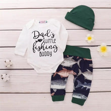 Load image into Gallery viewer, Baby and Toddler Boy Fishing Buddy Bodysuit, Pant, and Hat 3-piece Set.