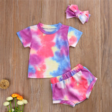 Load image into Gallery viewer, BABY ONE BABY TWO Baby and Toddler Girl Timeless Tie-dye 3-piece outfit.
