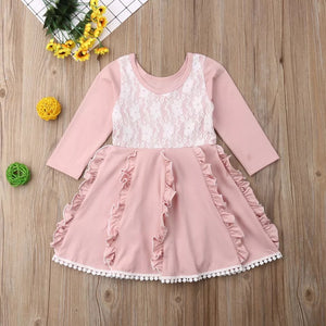 BABY ONE BABY TWO Toddler and Little Girl Pretty in Pink Long Sleeve Ruffle Dress.