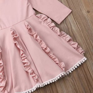 BABY ONE BABY TWO Toddler and Little Girl Pretty in Pink Long Sleeve Ruffle Dress.