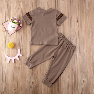 BABY ONE BABY TWO Toddler Girl Leopard Striped 2-Piece T-shirt and Jogger set.