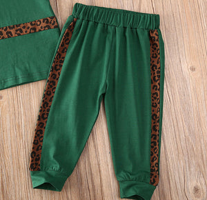 BABY ONE BABY TWO Toddler Girl Leopard Striped 2-Piece T-shirt and Jogger set.