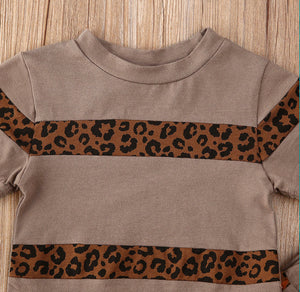 BABY ONE BABY TWO Toddler Girl Leopard Striped 2-Piece T-shirt and Jogger set.