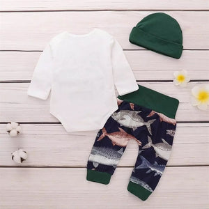 Baby and Toddler Boy Fishing Buddy Bodysuit, Pant, and Hat 3-piece Set.