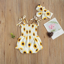 Load image into Gallery viewer, BABY ONE BABY TWO Baby and Toddler Girl Spaghetti-Strap Romper with Matching Headband.
