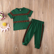 Load image into Gallery viewer, BABY ONE BABY TWO Toddler Girl Leopard Striped 2-Piece T-shirt and Jogger set.
